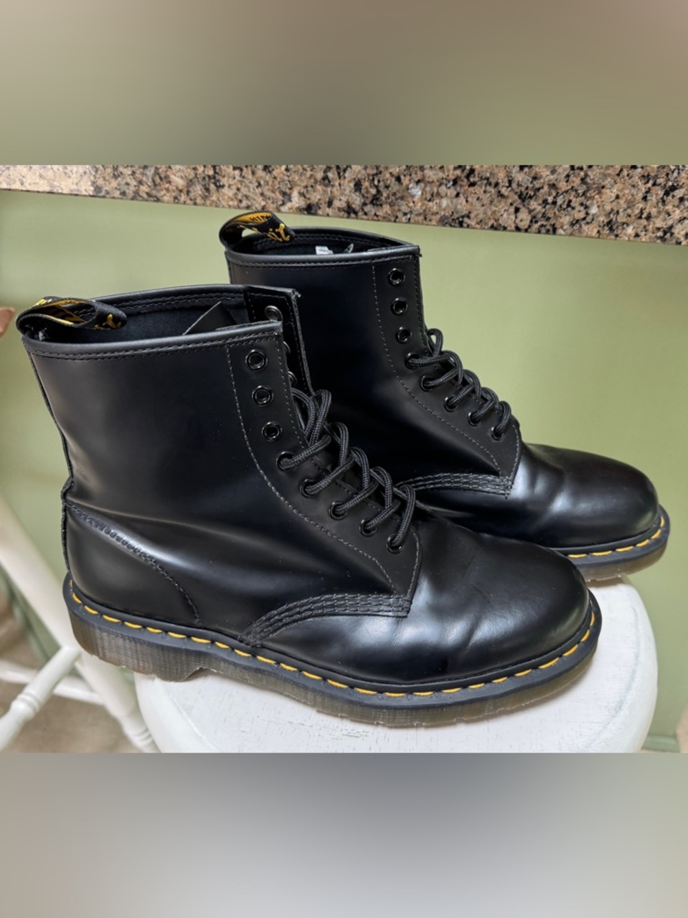 Dr. Martens Doc Black Leather 8-Eye Lace-Up Boots Yellow Welt 10.5 M sz 44 new - Picture 2 of 11